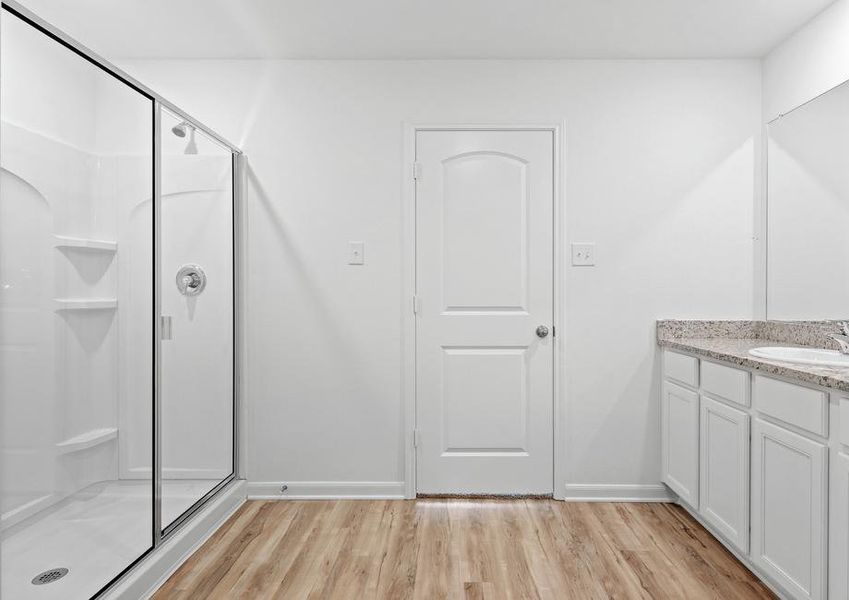 A step-in shower in the master bathroom