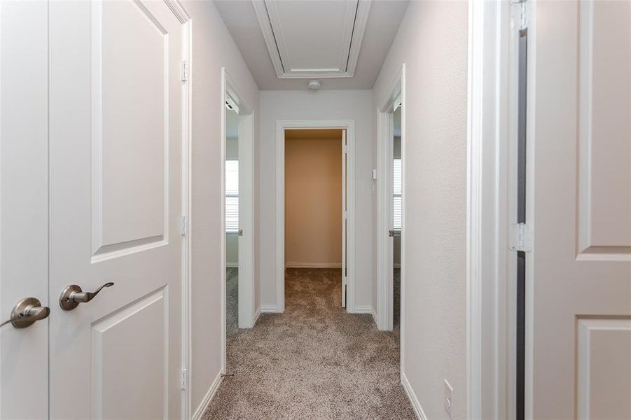 Hallway with light carpet and plenty of natural light