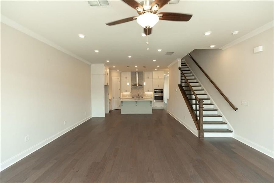 Kitchen area bleeds into dining and then living - open concept with 10ft ceilings on main level