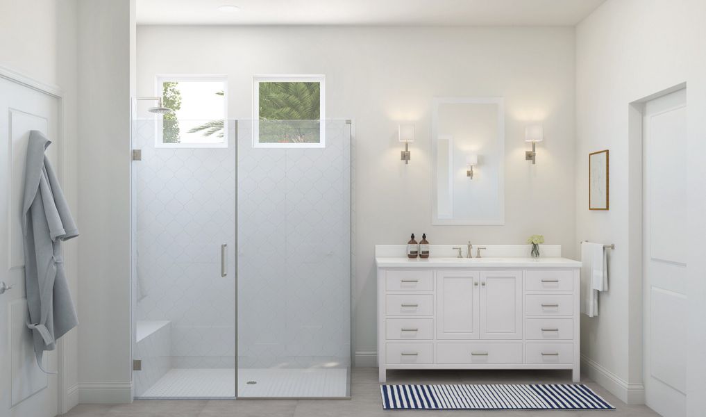 Frameless shower door & freestanding vanity