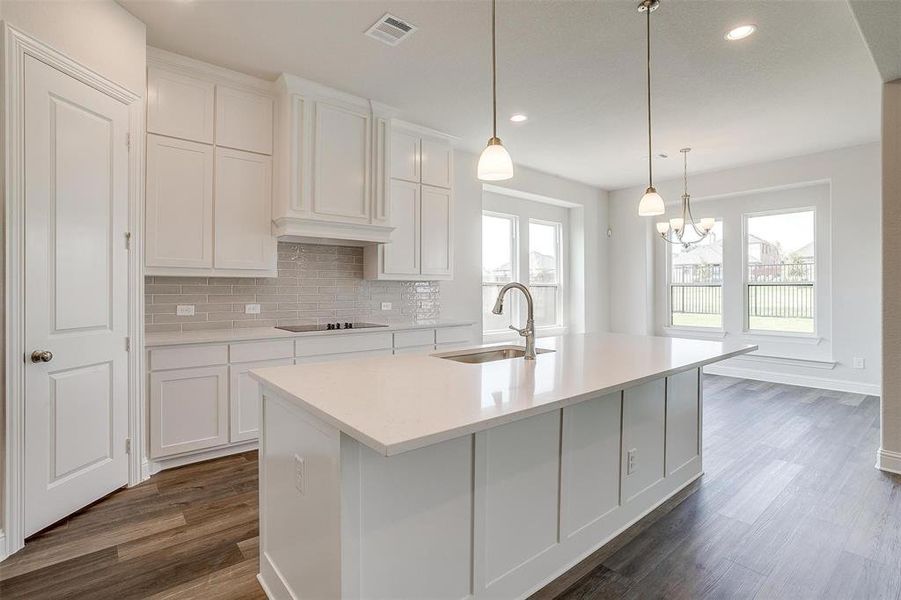 Kitchen with backsplash, white cabinetry, sink, an island with sink, and dark wood-type flooring