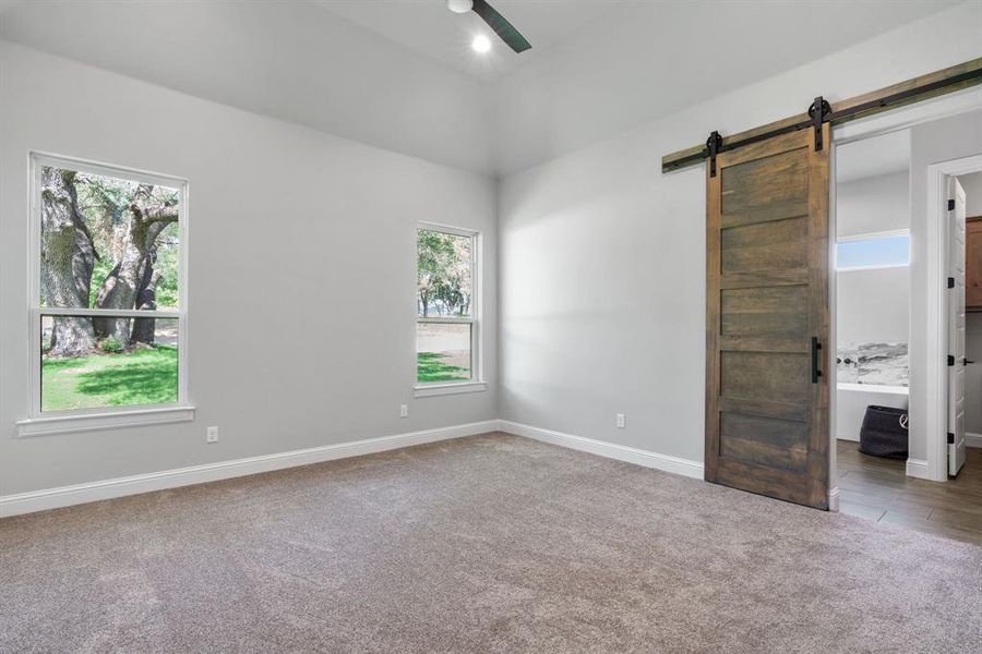 Unfurnished room with carpet, ceiling fan, a barn door, and a wealth of natural light