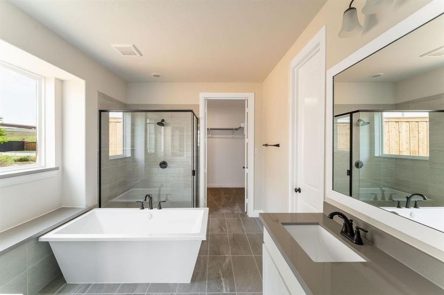 Bathroom featuring vanity, tile patterned flooring, and separate shower and tub