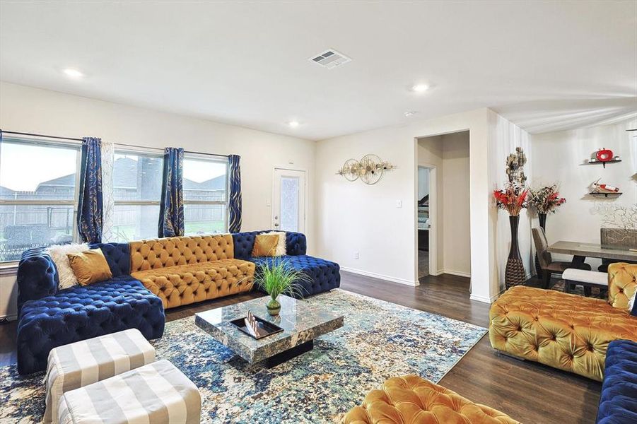 Living room featuring dark wood-type flooring