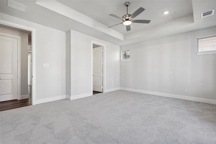 Unfurnished room with a raised ceiling, ceiling fan, and carpet floors