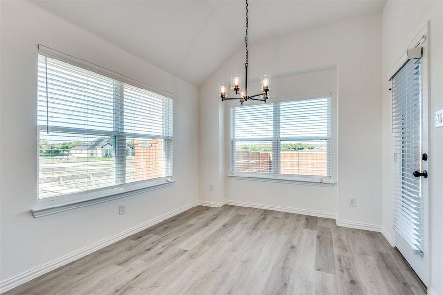 Unfurnished dining area featuring light hardwood / wood-style flooring, a wealth of natural light, and lofted ceiling