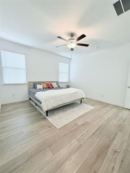 Bedroom with ceiling fan, multiple windows, and light hardwood / wood-style flooring