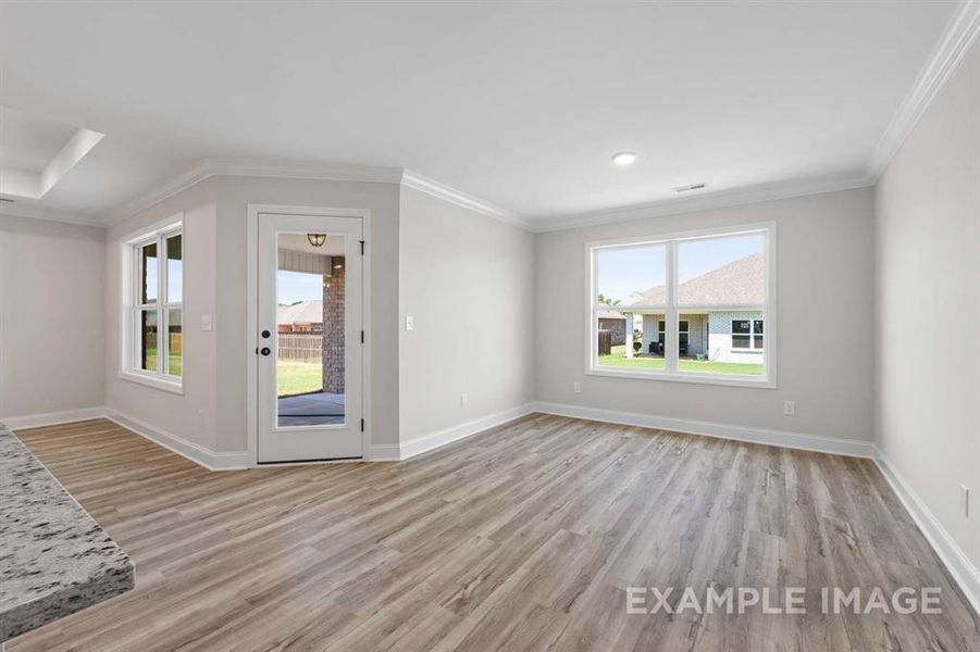 Spare room with crown molding and light hardwood / wood-style floors