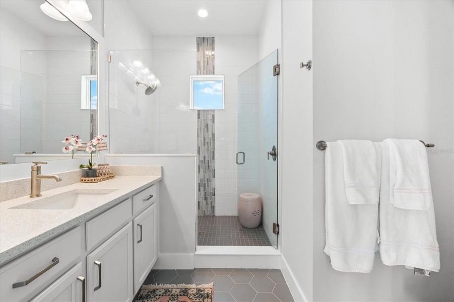 Large walk-in shower.