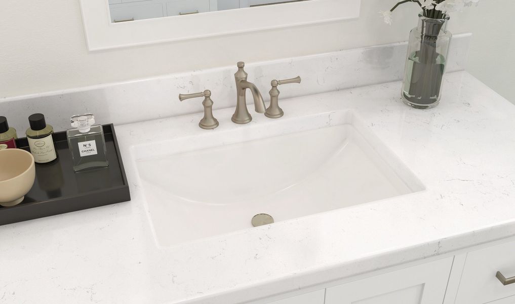 Brushed nickel faucet & white framed mirror