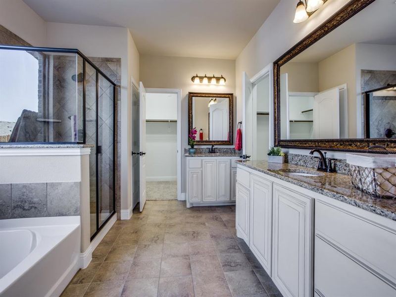 Bathroom with vanity and shower with separate bathtub