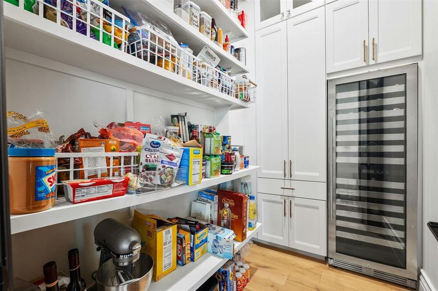 Pantry has tons of storage and a full sized wine refrigeratoe