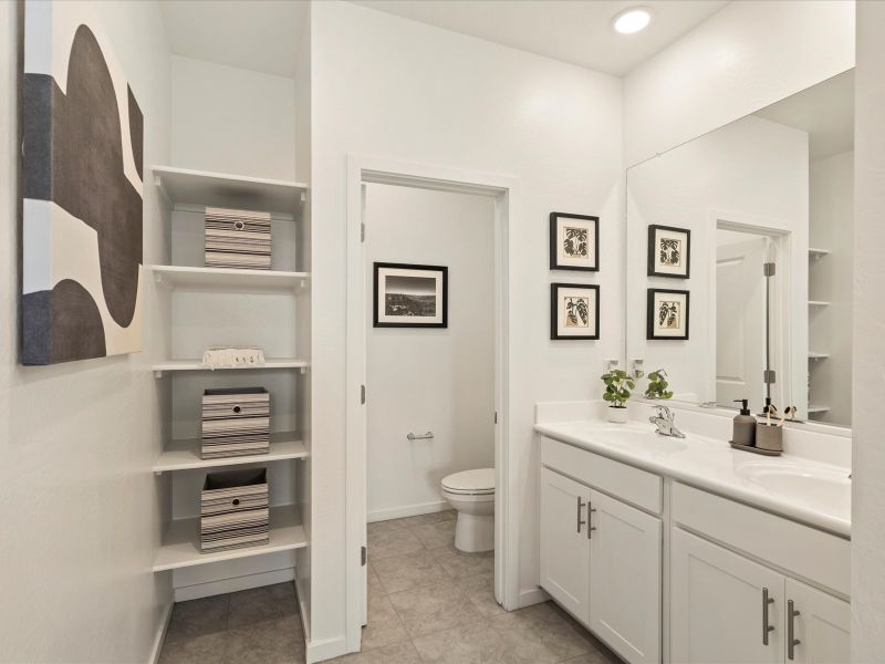 Primary Bathroom Shot of Bennett Floorplan modeled at Villas at The Lakes at Rancho El Dorado