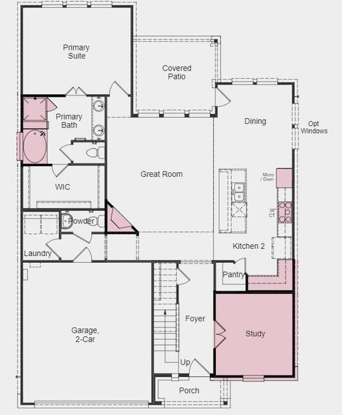 Structural options include: slide in tub at primary bath, study in lieu of dining, windows at dining, gas drop for future outdoor grill.