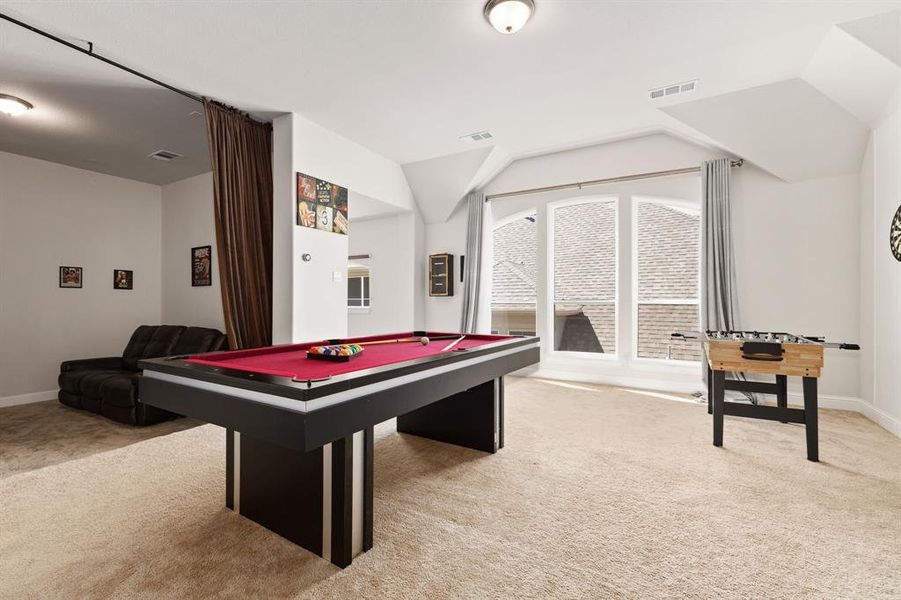 Playroom featuring pool table and carpet floors