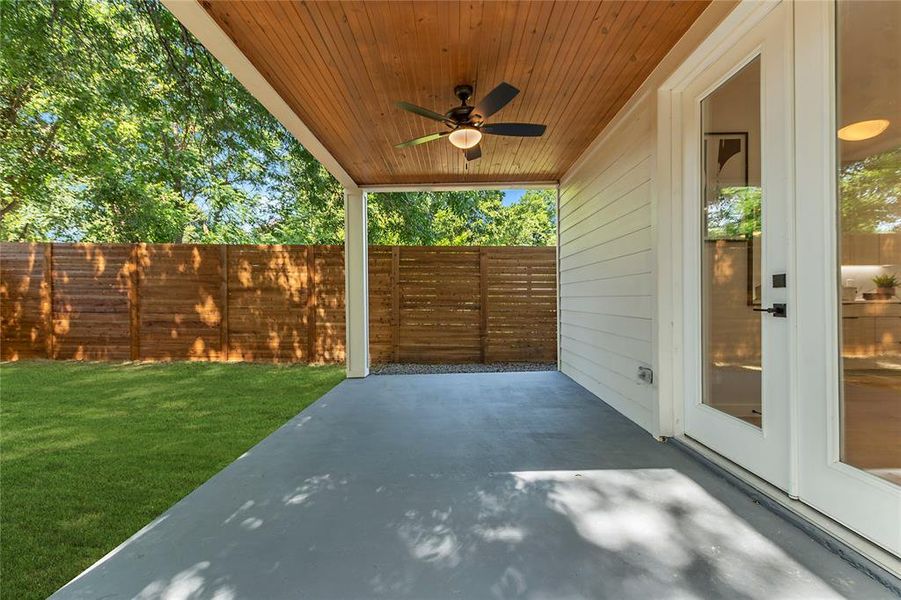 View of patio with ceiling fan