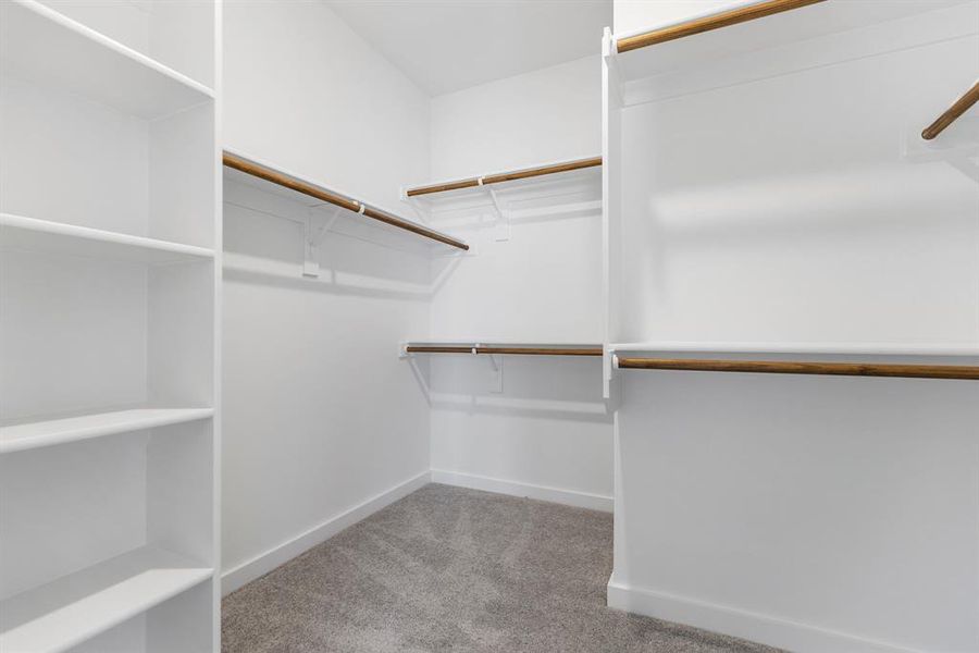 Walk in closet featuring light carpet