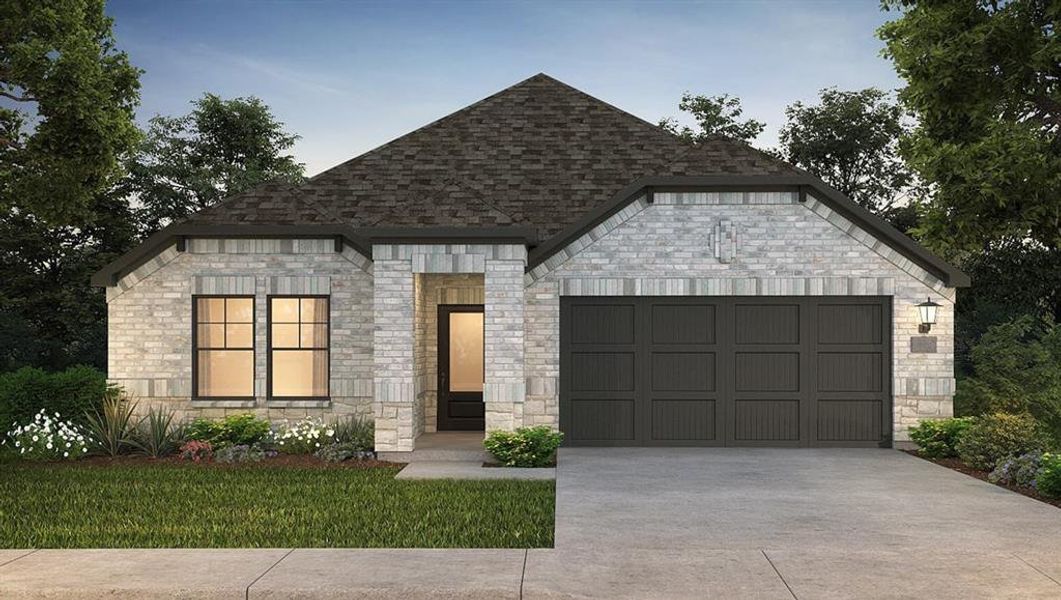 The Oleander elevation offers a combination of brick and stone with a weathered wood roof.