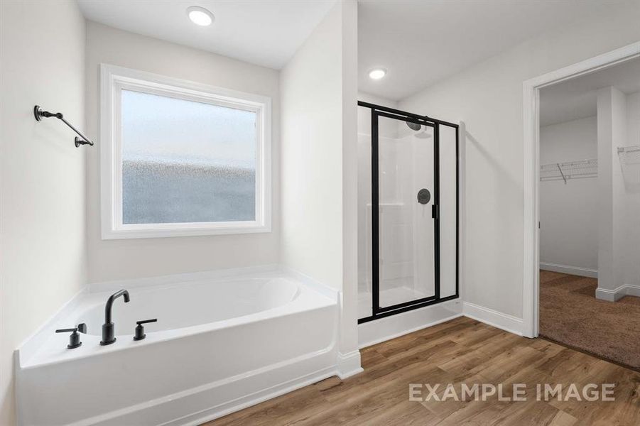 Bathroom with hardwood / wood-style flooring and separate shower and tub