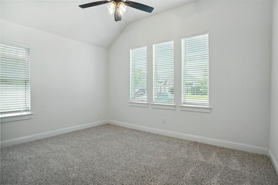 Carpeted empty room featuring a wealth of natural light, ceiling fan, and lofted ceiling