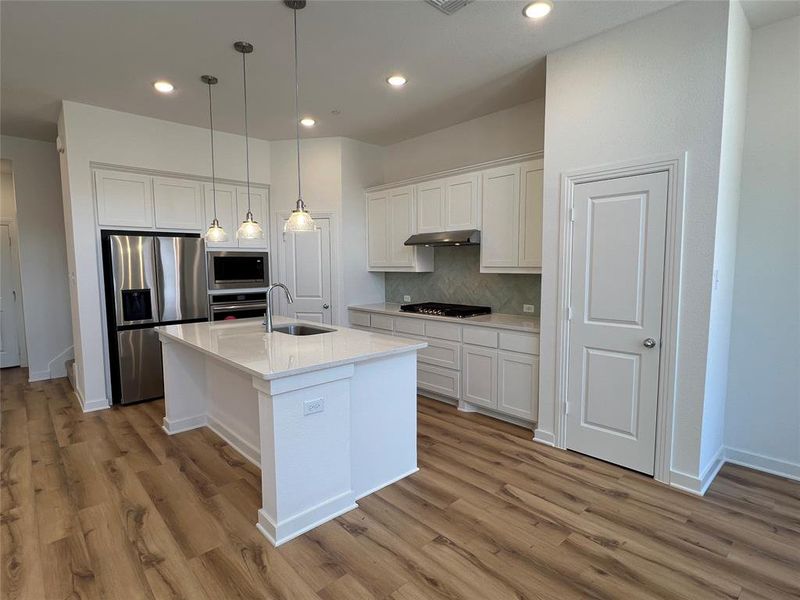 Kitchen featuring tasteful backsplash, pendant lighting, light hardwood / wood-style floors, and stainless steel appliances