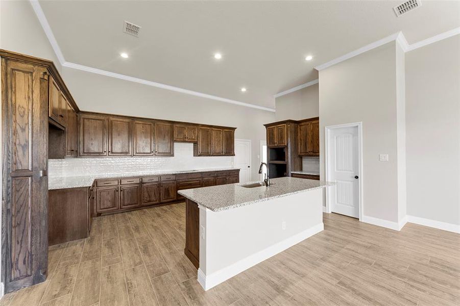 Kitchen with light hardwood / wood-style floors, light stone countertops, sink, and a kitchen island with sink