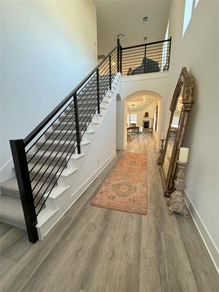 Foyer featuring a towering ceiling and wood-type flooring