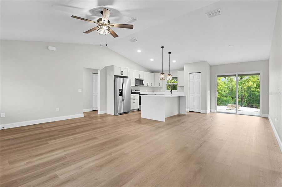 View of kitchen and dining area from the living room