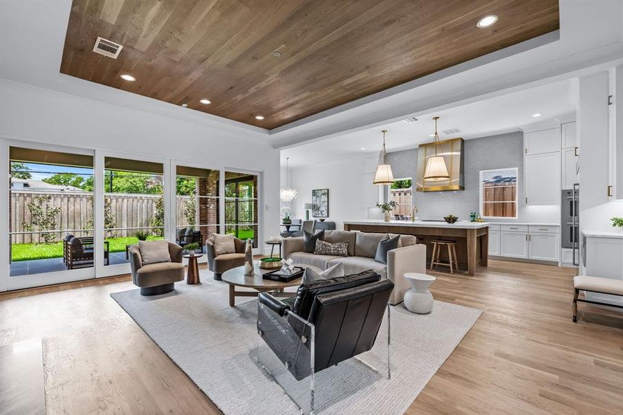 Living room featuring light hardwood / wood-style floors and wood ceiling