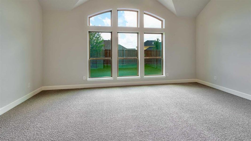 Spare room featuring carpet and vaulted ceiling