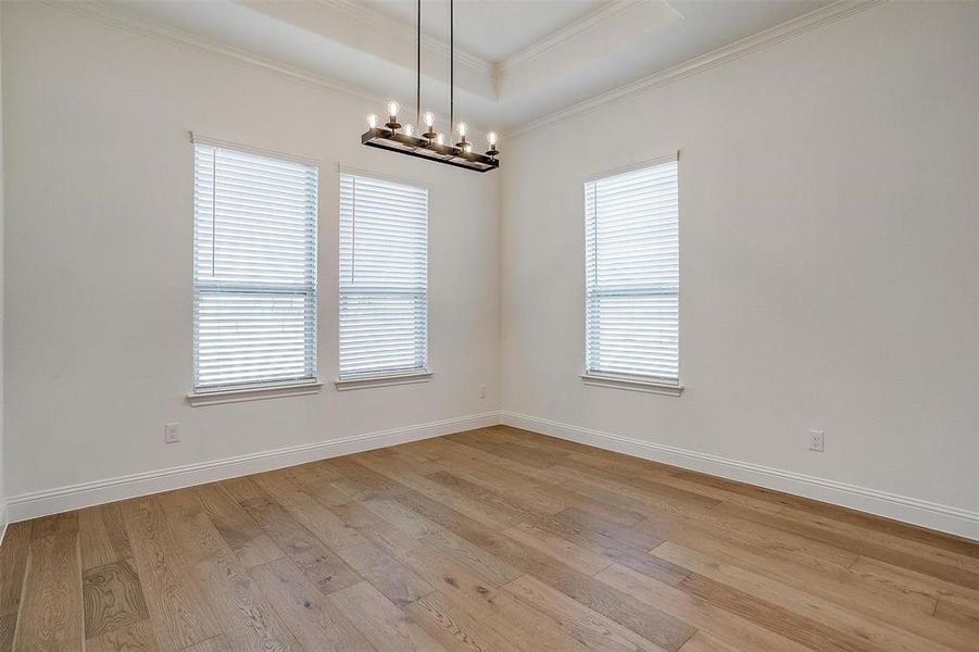 Empty room featuring crown molding, a raised ceiling, light hardwood / wood-style flooring, and a chandelier
