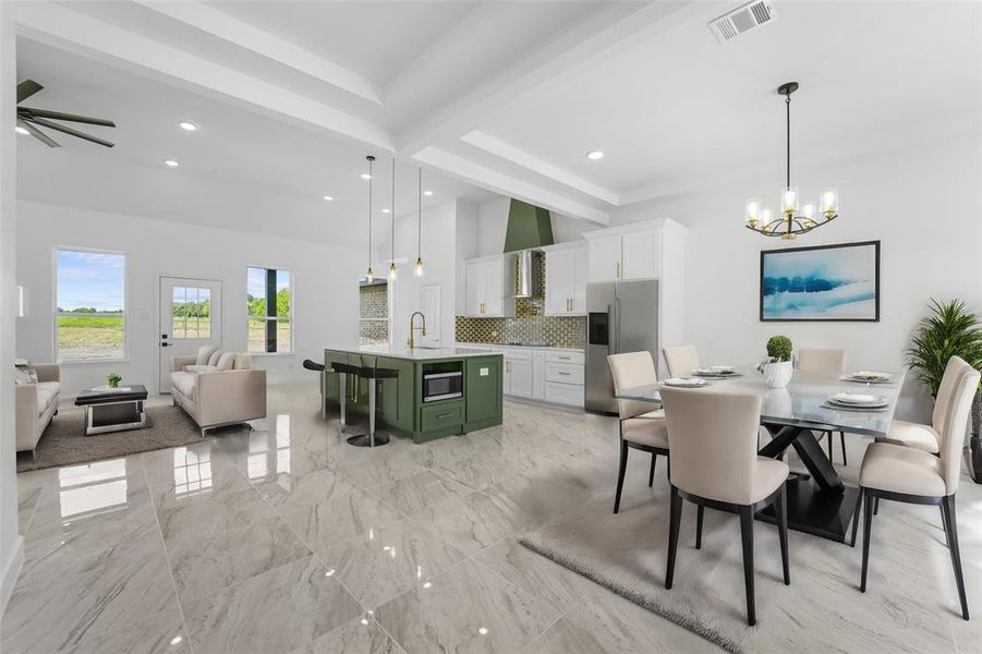 Dining area with beamed ceiling, virtually staged, light tile floors, and ceiling fan with notable chandelier
