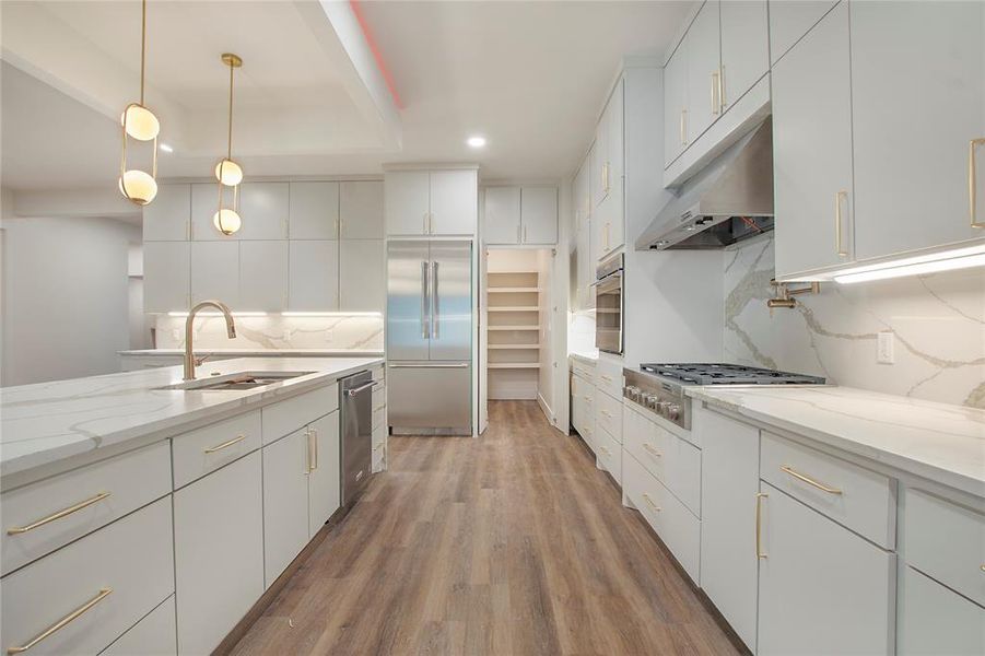Kitchen featuring decorative backsplash, stainless steel appliances, light hardwood / wood-style flooring, and hanging light fixtures