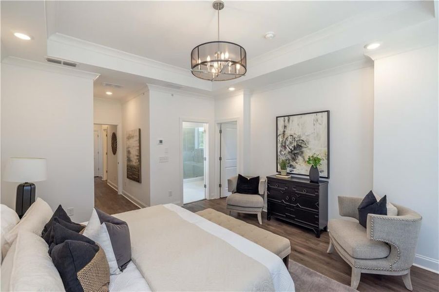 Master Bedroom featuring connected Master  bathroom,  tray ceiling, ornamental molding, and dark hardwood / wood-style floors , not the actual unit