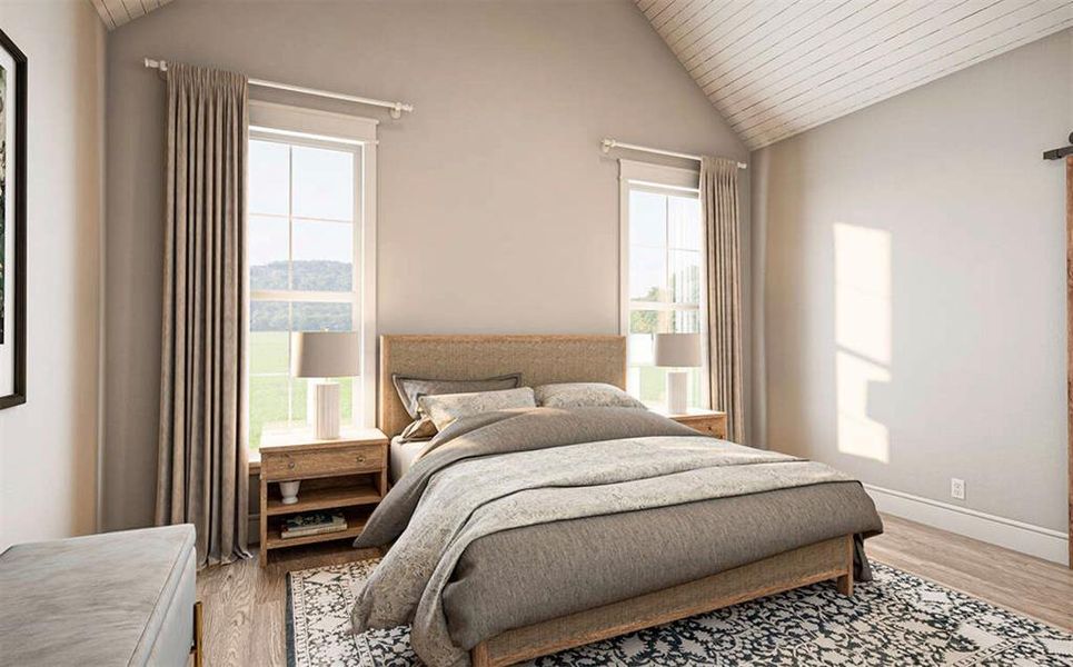 Bedroom featuring light wood-type flooring, multiple windows, and lofted ceiling