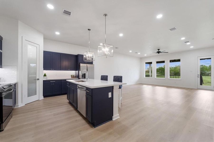 Quartz countertops, Midnight blue soft close cabinets, stainless steel appliances, Undermount cabinet lighting, walk in pantry, pre wired for home security, entertainment, internet,ceiling accent lighting.