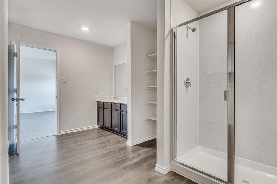 Bathroom featuring wood-type flooring, a shower with door, and vanity