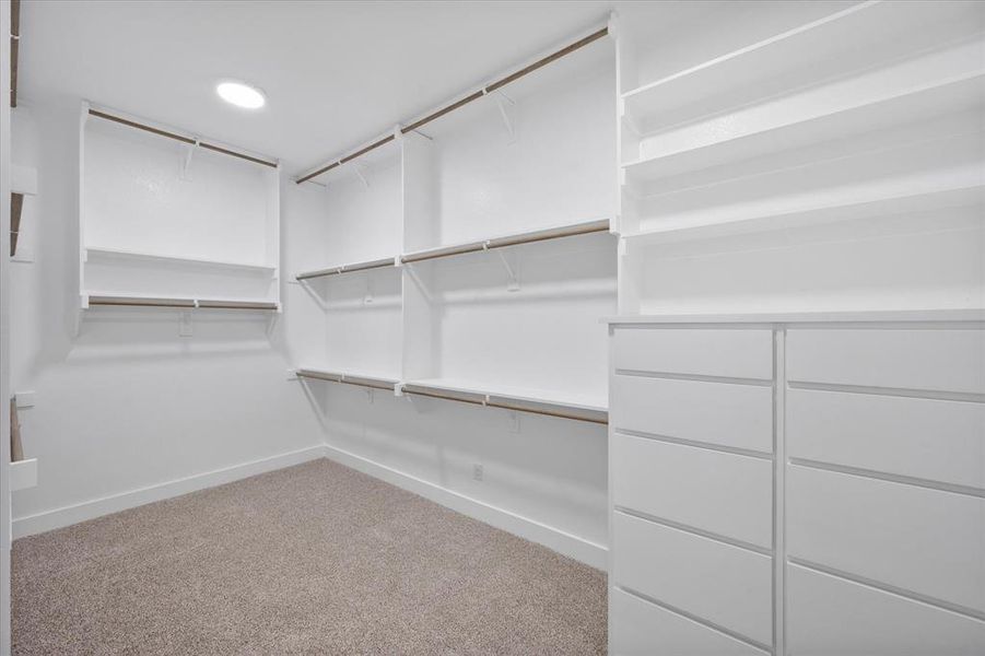 Walk in closet with light colored carpet