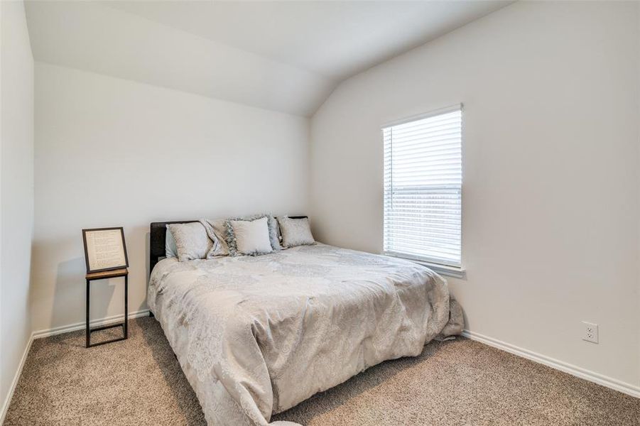 Carpeted bedroom featuring vaulted ceiling