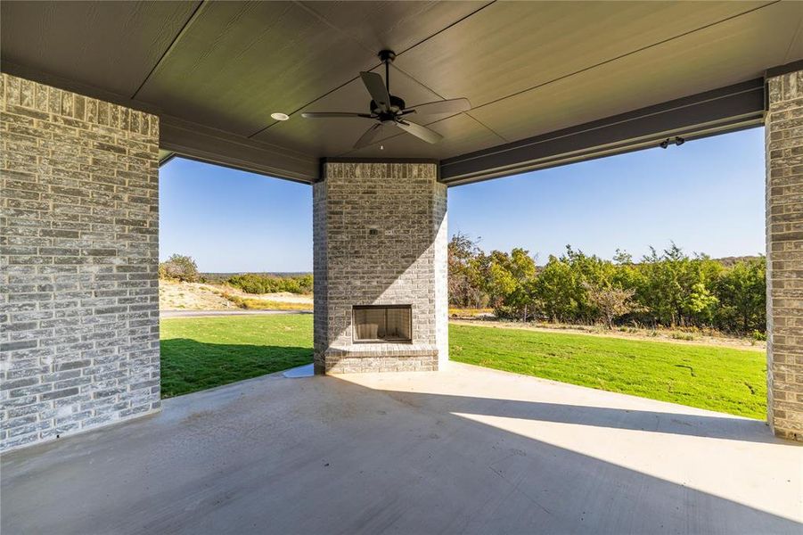 View of patio with ceiling fan