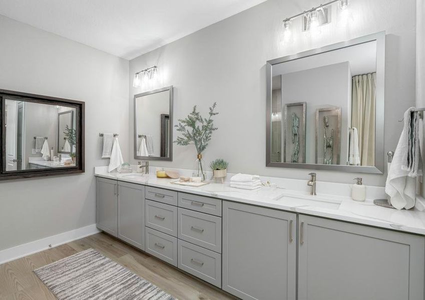 There is a sprawling vanity in the master bath.