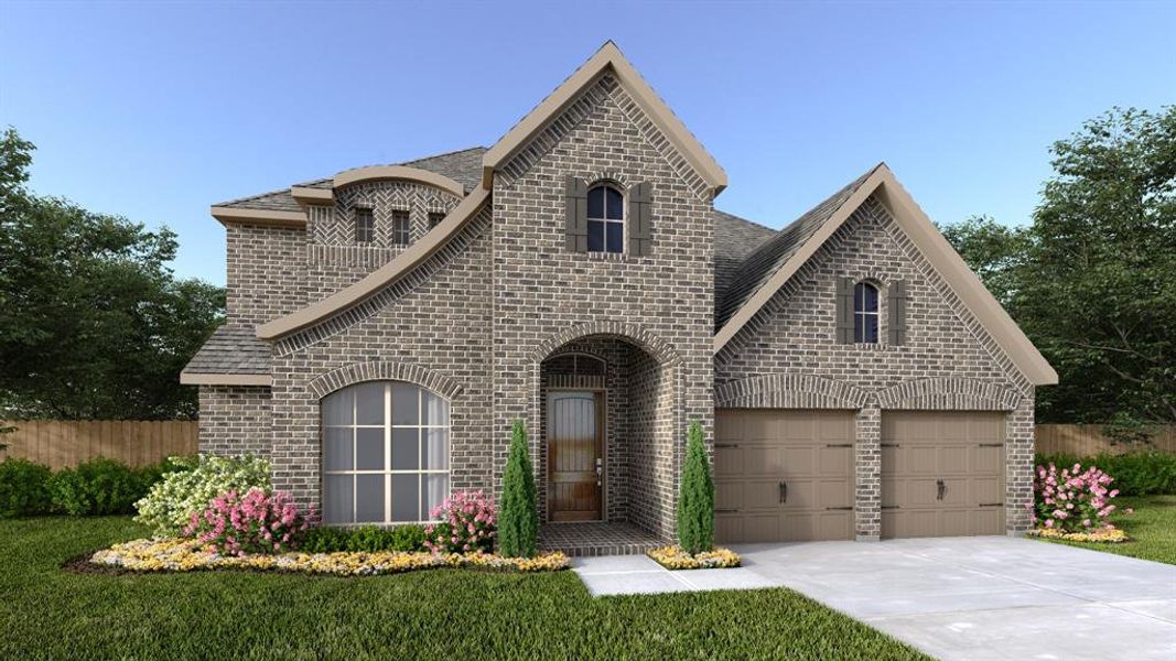 French country inspired facade featuring a front lawn