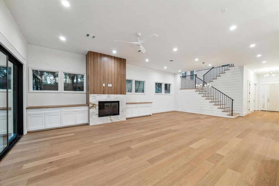 Fireplace with wood slats makes a statement