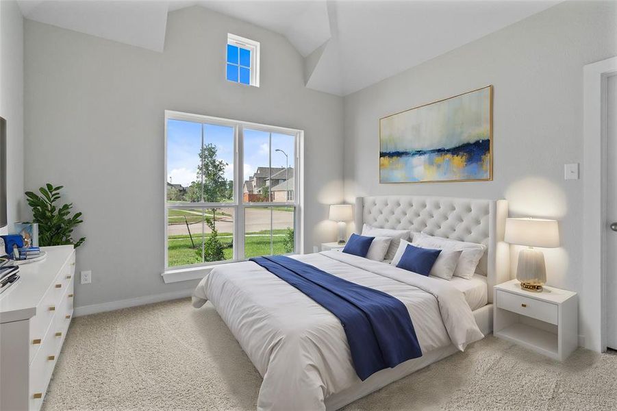 Secondary bedroom features plush carpet, high ceilings, custom paint and large windows.