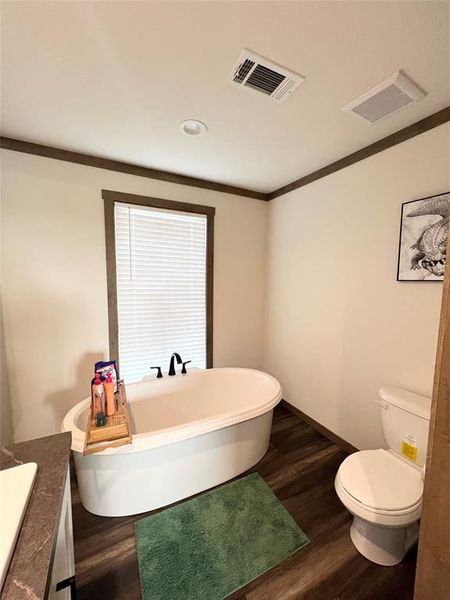 Bathroom with vanity, hardwood / wood-style floors, toilet, a bathtub, and ornamental molding