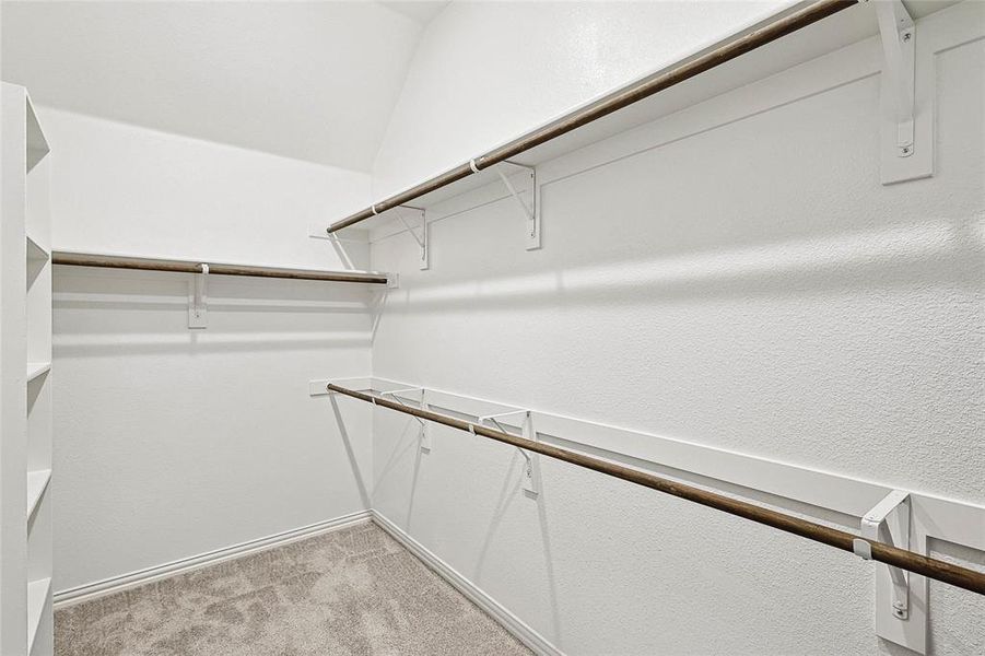 Walk in closet featuring light colored carpet