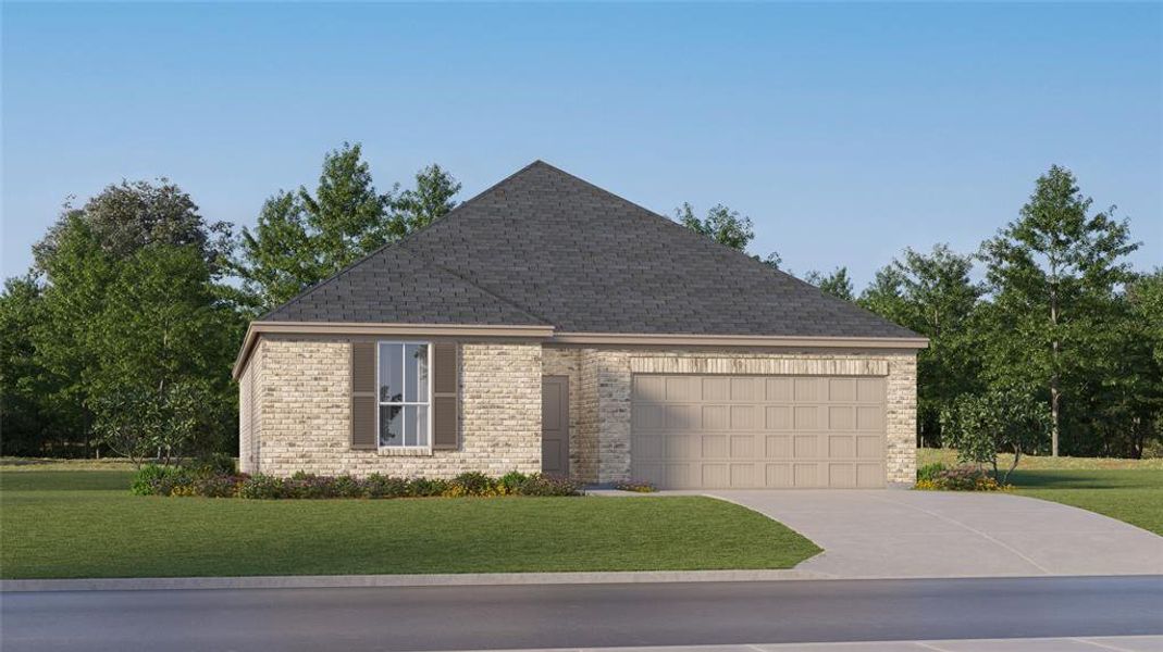 View of front facade featuring a front lawn and a garage