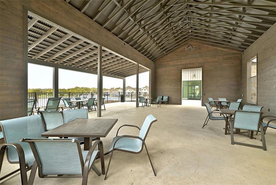 Covered seating area near pool