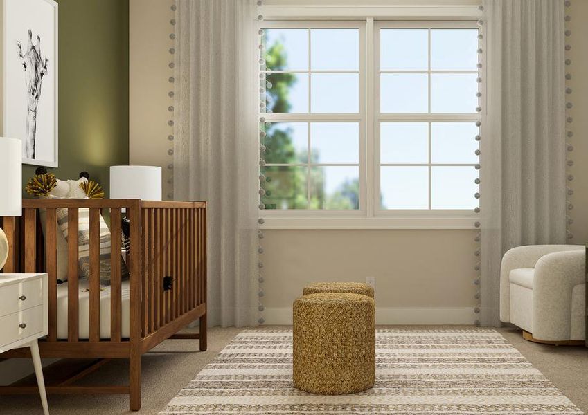 Rendering of childs bedroom with a crib
  and green dresser. This rendering highlights a large window.