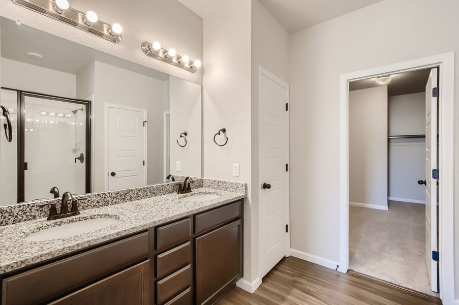 Owner's private bath with dual vanity and walk in closet of the ranch style Telluride plan by Century Communities